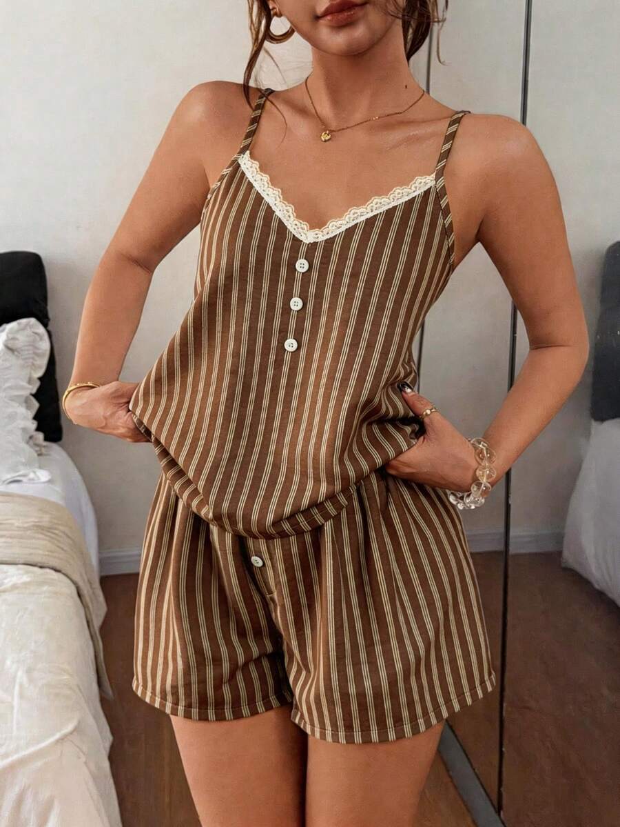Napfluff Lace Trim Color Block Striped Camisole Pajama Set - Coffee Brown - View 1
