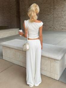 Sydney Algeri Apricot Knit Oblique Shoulder Fitted Casual Loungewear Set, Summer Elegant - Apricot - View 2