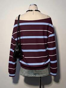 Attitoon Sudadera de mujer con bloques de color y rayas, hombros descubiertos - Multicolor - Ver 4