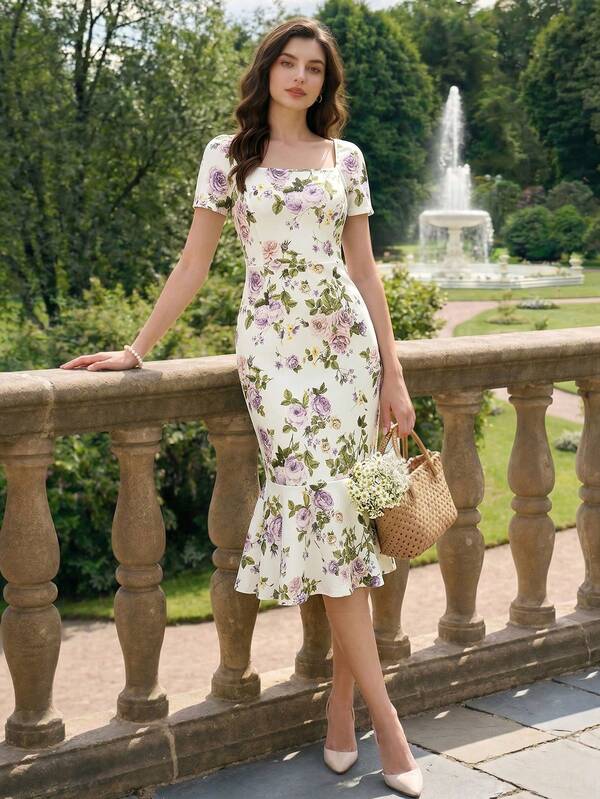 Vintamour "Women's Elegant Romantic Ditsy Floral Mermaid Long Dress Summer Vacation Country Outfit" Garden Party Pastel Yellow