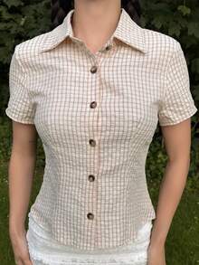 hhfernanda Vintage Bubble Plaid Waist Gathered A-Line Street Style Women Shirt, Spring/Summer Sexy Blouse For Women Sexy Shirt Brunch Summer Sexy Top For Women - Multicolor - View 3