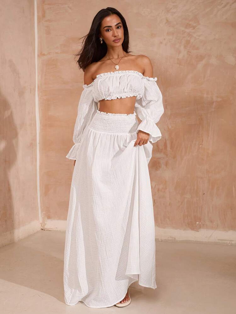 Opulessa Vacation Solid Color Woven Shoulder Top & Skirt Women 2 Pieces Set - White - View 3