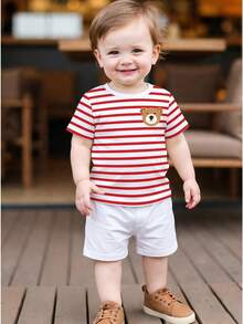 Playful Pals 2pcs/Set Baby Boy Cute Bear & Striped Print Round Neck Short Sleeve T-Shirt + Orange Shorts Set, Suitable For Outings In Summer - Multicolor - View 2