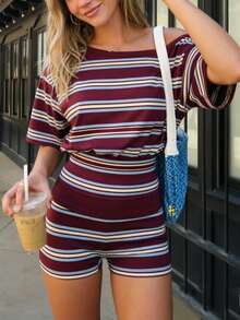 SHEIN PariChic Women's Spring/Summer New Casual Outing Maillard Striped Asymmetrical Shoulder Waist-Defining T-Shirt And Shorts Set - Multicolor - View 4