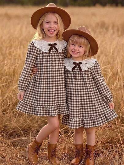 SHEIN Young Girl Bow Decor Plaid Long Sleeve Dress