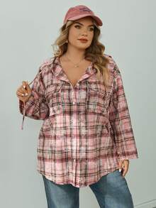 SHEIN CURVE+ 大尺碼女款格紋休閒百搭日常穿著襯衫 - 彩色 - 查看 6