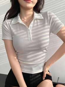 DAZY 女款白色 Polo 衫，修身休閒短袖 T-shirt，夏季運動上衣 - 白色 - 查看 2