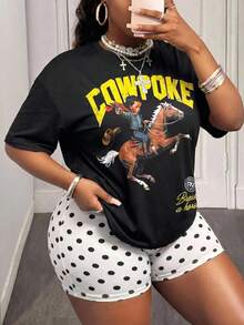Slaydiva Plus Size Women's Letter & Character Print Short Sleeve T-Shirt And Polka Dot Print Base Shorts Set - Black and White - View 10