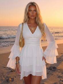 Aloruh Boho Romantic Tropical European Elegant White Deep V-Neck Multi-Layer Hem Bell Sleeve Fitted Waist Mini Dress For Women Wedding Vacation Beach Fall - Apricot - View 2