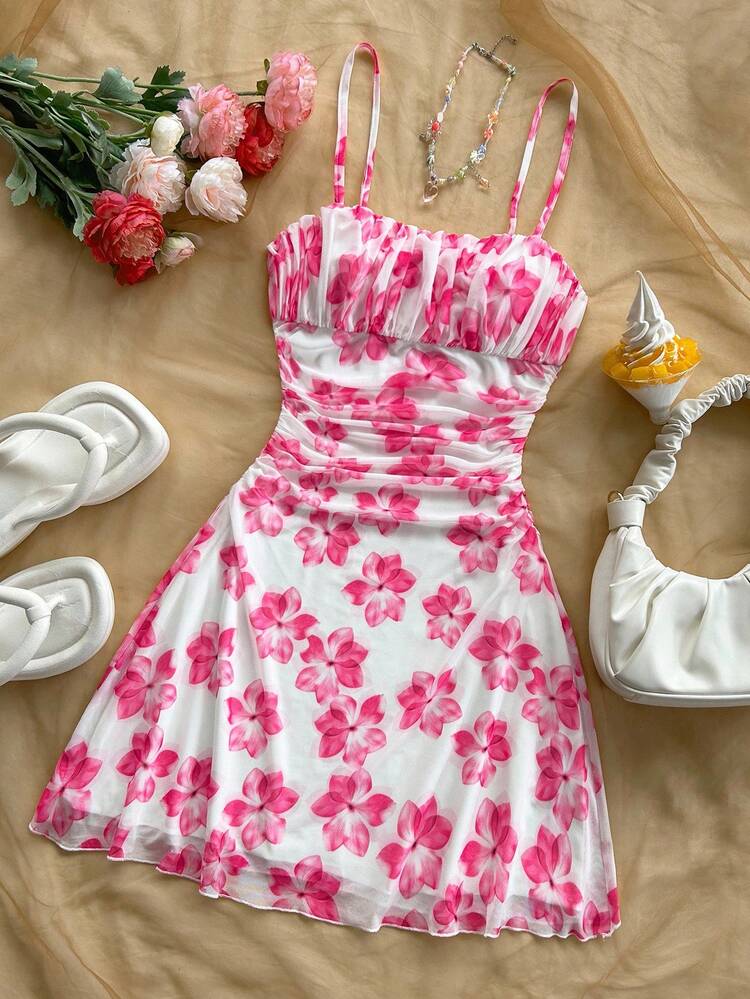 Soleia Gaun Mini Camisole Rajut Lipit Motif Bunga Pink Koleksi Musim Semi/Panas Terbaru, Cocok untuk Pantai, Gaya Western, Festival Musik, dan Gaya Bohemian Musim Panas. - Berwarna merah muda - View 5