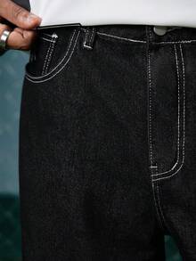 EVRINFINITE Casual Loose Fit Wide Leg Jeans With Back Pocket Star & Letter Embroidery Design - Black - View 4