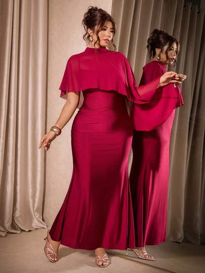 Cravure Vestido de sirena de talla grande para mujer con cuello alto, capa de gasa con lazo en la espalda y tirantes de espagueti de punto, adecuado para salidas, reuniones, fiestas nocturnas, fiestas de cumpleaños, ropa elegante para mujer