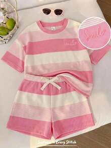 Cozy Pixies Young Girl Letter Pattern Striped Round Neck Short Sleeve Pullover Top Elastic Waist Shorts 2pcs Set - Multicolor - View 1