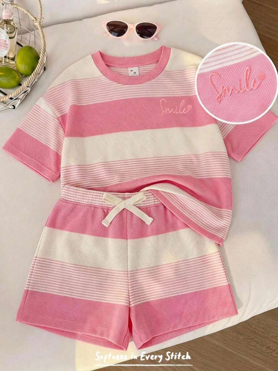 Cozy Pixies Young Girl Letter Pattern Striped Round Neck Short Sleeve Pullover Top Elastic Waist Shorts 2pcs Set - Multicolor - View 1