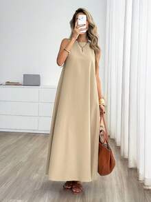Easowa Gaun Panjang Tanpa Lengan Warna Polos Kasual Musim Panas untuk Wanita - Khaki - View 6