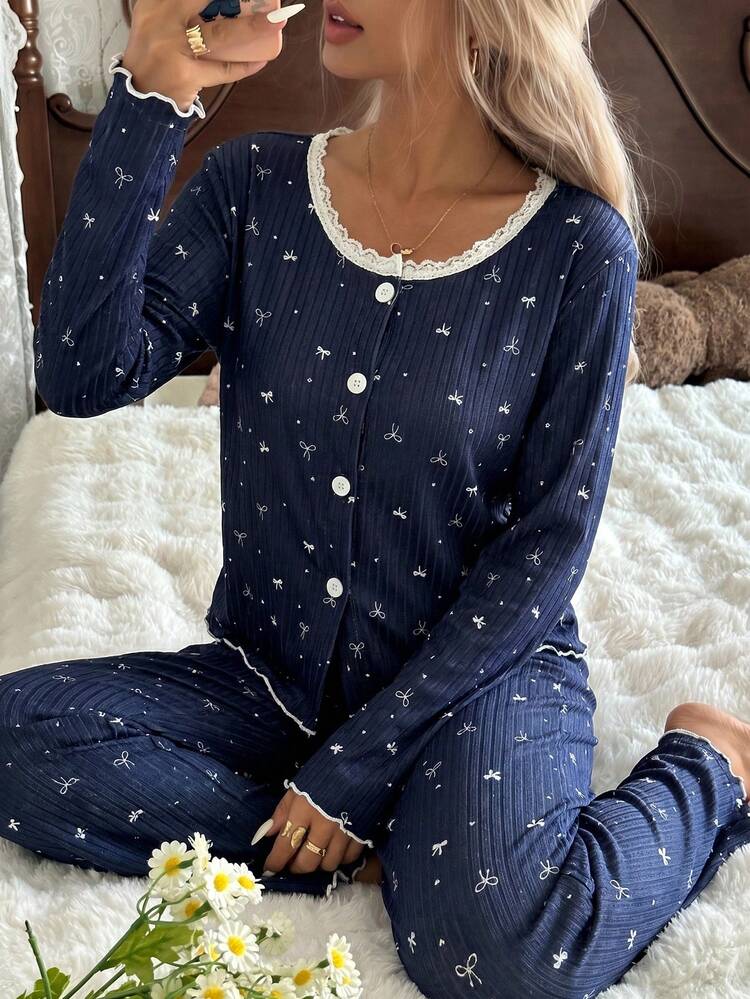 CottageSlumber Pink Bow Print Lace Trim Round Neck Cardigan Long Sleeve Pants Pajama 2 Pieces Set - Navy Blue - View 5