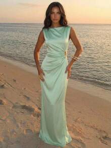 Aloruh Sage Green Satin Long Dress With Asymmetrical Shoulder Metal Decoration, Elegant Romantic Goddess Style Summer Outfits Beach Birthday Wedding Boho - Green - View 8