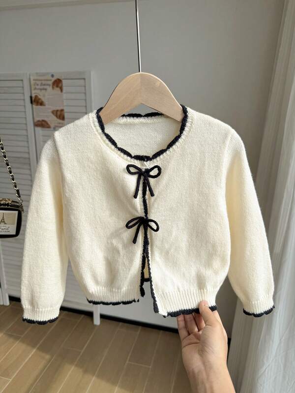 SHEIN Girls' Autumn/Winter Thick Fashion Bow Cute Minimalist Knitted Sweater Long Sleeve Cardigan