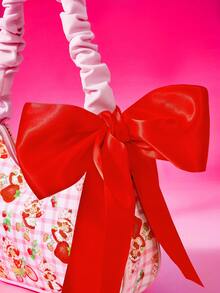 Strawberry Shortcake X SHEIN Tas Selempang Motif Gadis Stroberi dengan Tali Bergelombang & Dekorasi Pita, Tas Bahu Kotak-kotak Lucu untuk Penggunaan Sehari-hari - Berwarna merah muda - View 7