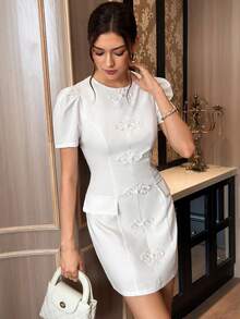 Zaforene Women's Summer Elegant French Commuter Frog Button Mid-Length Dress Tea Party Day Party White - Khaki - View 6