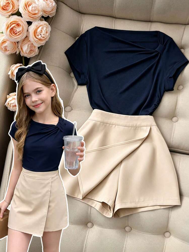SHEIN Sparklyn Tween Girls 2pcs/Set Two Pieces Korean Style Soft Girl And Child Suit, Open Shoulder Short Sleeved Top+Front Back To School, Summer, Fall - Blue - View 1