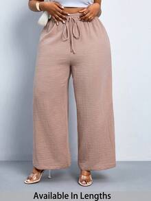 SHEIN PETITE CURVE 大码女式纯色宽松弹力腰休闲裤 - 卡其色 - 查看 3