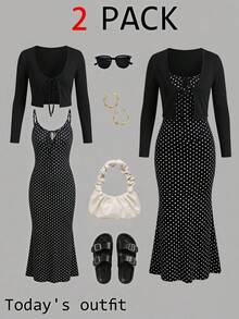SHEIN LUNE Women's Casual Autumn/Winter Vacation Commute Basic Outfit Polka Dot Long Sleeve Tie-Front Top & Dress 2-Piece Set Fall Clothes Office Wear For Women - Black and White - View 2