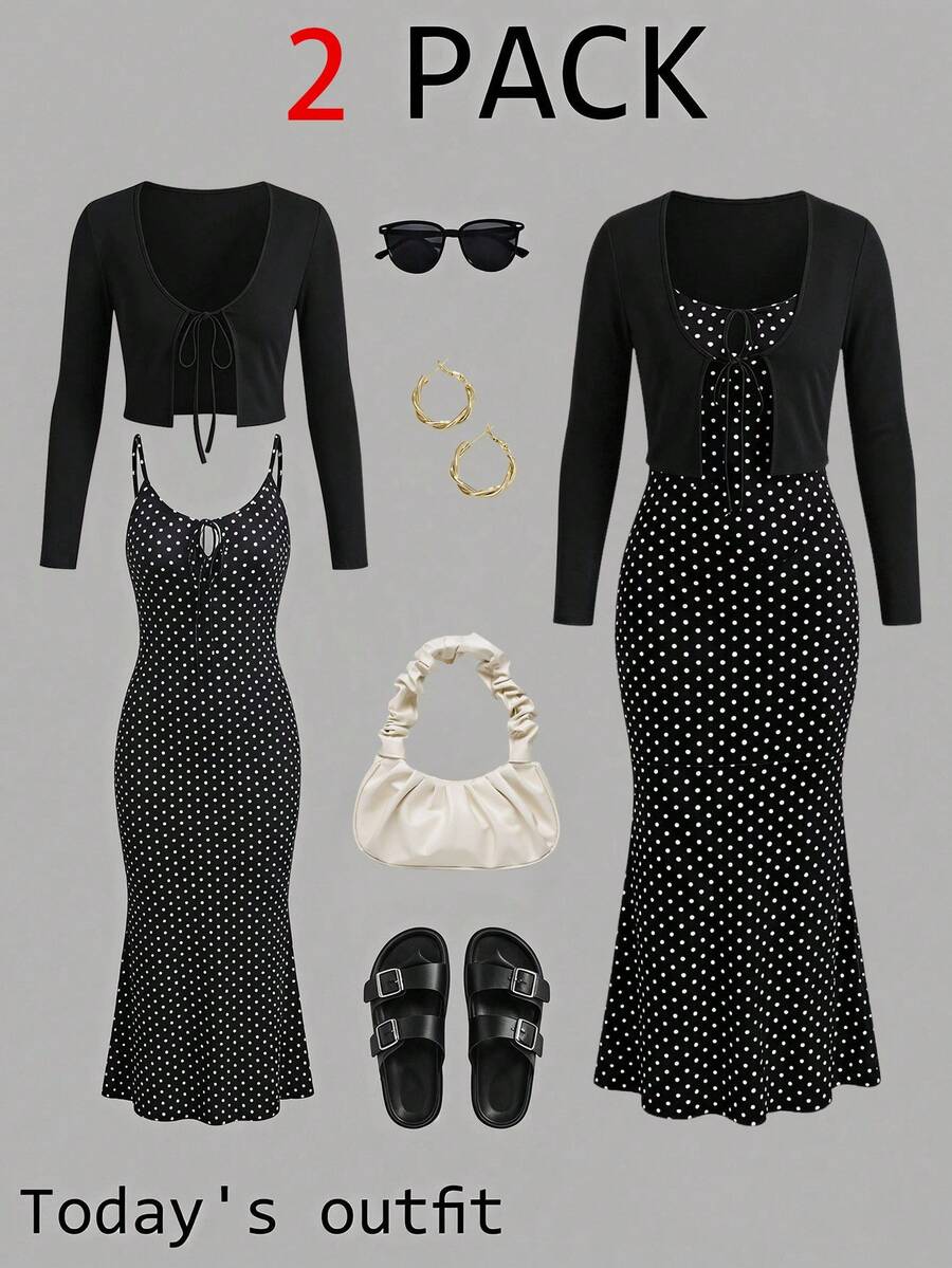 SHEIN LUNE Women's Casual Autumn/Winter Vacation Commute Basic Outfit Polka Dot Long Sleeve Tie-Front Top & Dress 2-Piece Set Fall Clothes Office Wear For Women