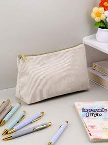 A Large-Capacity, Multi-Functional Pencil Case Made Of Plush Fabric With A Diamond Pattern And Solid Color Design. Suitable For Students And Offices, A Popular Stationery Accessory For The Back-To-School Season. - apricot - View 1