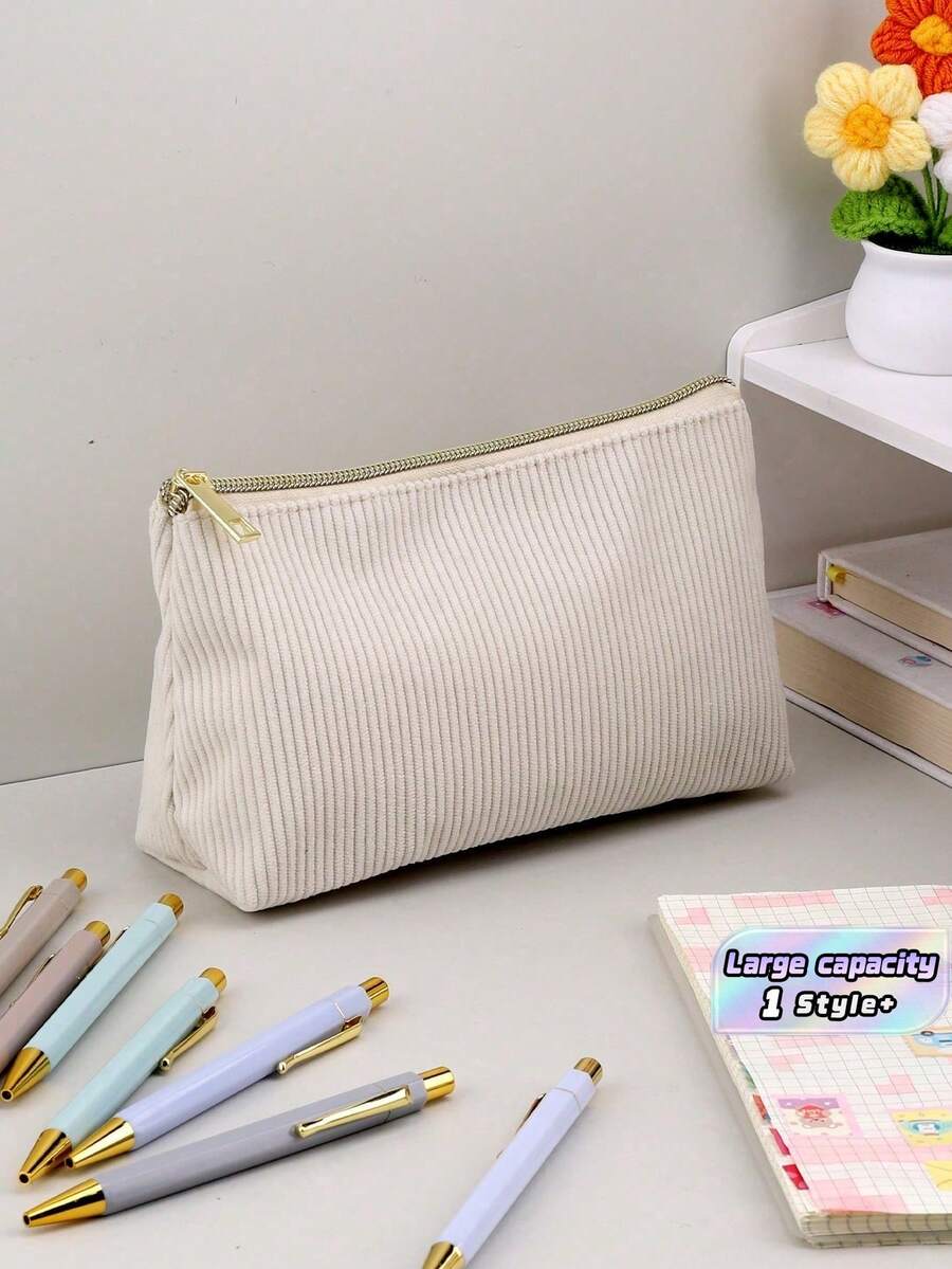 A Large-Capacity, Multi-Functional Pencil Case Made Of Plush Fabric With A Diamond Pattern And Solid Color Design. Suitable For Students And Offices, A Popular Stationery Accessory For The Back-To-School Season. - apricot - View 1