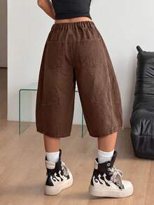 Coolane Women's Casual Coffee Brown Panel Seam Baggy Mid Calf Shorts Elastic Back Waist Wide Leg Streetwear Capri Pants Summer Halloween Y2K Day Drinking - Brown - View 3