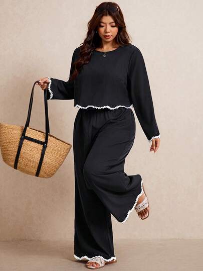 Elaquor Plus Size Women's Round Neck Long Sleeve Shirt And Pants Casual 2 Pieces Set