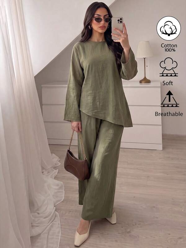 Elenzga Olivgrünes Baumwoll-Hosen-Set mit asymmetrischem Saum und Glockenärmeln, einfaches weiches Outfit, geeignet für den täglichen Gebrauch, Familientreffen und lässige Herbstausflüge