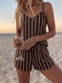 SHEIN LUNE Casual Tropical Minimalist Women's Brown Striped Camisole And Shorts 2 Pieces Set, Suitable For Summer Beach Vacation - Multicolor - View 2