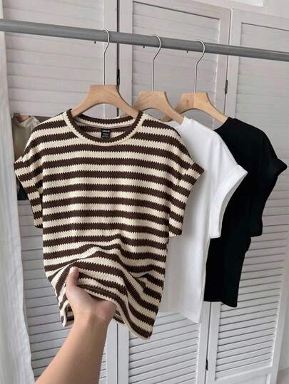 SHEIN LUNE Women's Casual Round Neck Raglan Sleeve Short T-Shirt 3pcs Set Suitable For Spring And Summer