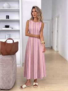 SHEIN LUNE Women's Casual Sleeveless Round Neck Dress, Suitable For Summer Daily Wear, Sleeveless Waist-Cinching Elegant Long Dress, Suitable For Summer Casual Outings. Pink Striped Print Pattern, Women's Commute Outfit, Music Festival, Beach Outfit, Vacation Outfit - Multicolor - View 5