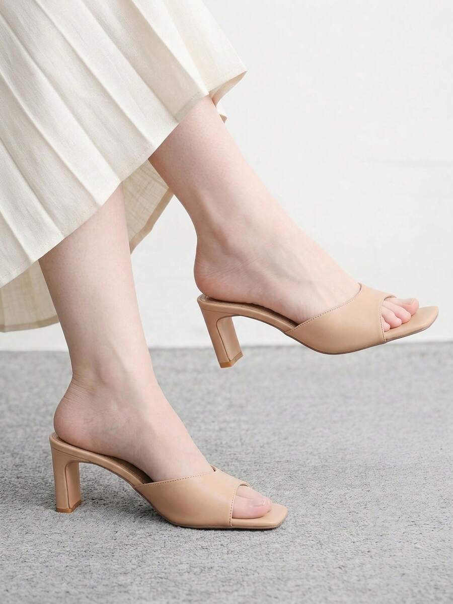 CUCCOO BIZCHIC Women's Square Toe Simple Fashion Bag Medium High Heel One Piece Sandals Slippers - Apricot PU - View 1