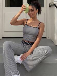 SHEIN Teen Girls 2pcs/Set Teenager Striped Tank Top Set, Comfortable Striped And Polka Dot Print, Fashionable And Comfortable. Autumn Outfit With Jacket - Black - View 1