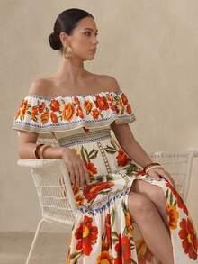 Swim Oasis Elegant Fashionable Unique Design Vacation Dress With High Slit, Off-The-Shoulder Square Neckline, Comfortable Skin-Friendly Full Skirt For Women - Multicolor - View 4