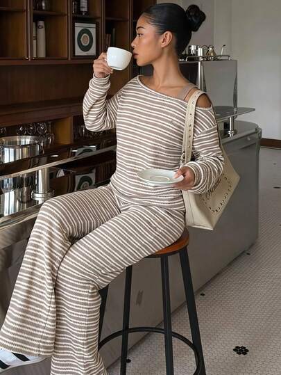 SHEIN Tween Girls' Off-Shoulder Striped Loungewear Set, Brown/Beige And White Stripes, Boat Neck Long-Sleeve Top, Matching Wide-Leg Pants, Casual, Shorts