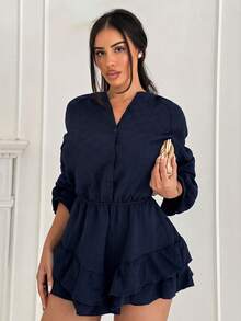Shopreo Women's Solid Color Notched Neck Casual Long Sleeve Jumpsuit, Suitable For Summer Winter Blue Spring - Royal Blue - View 6
