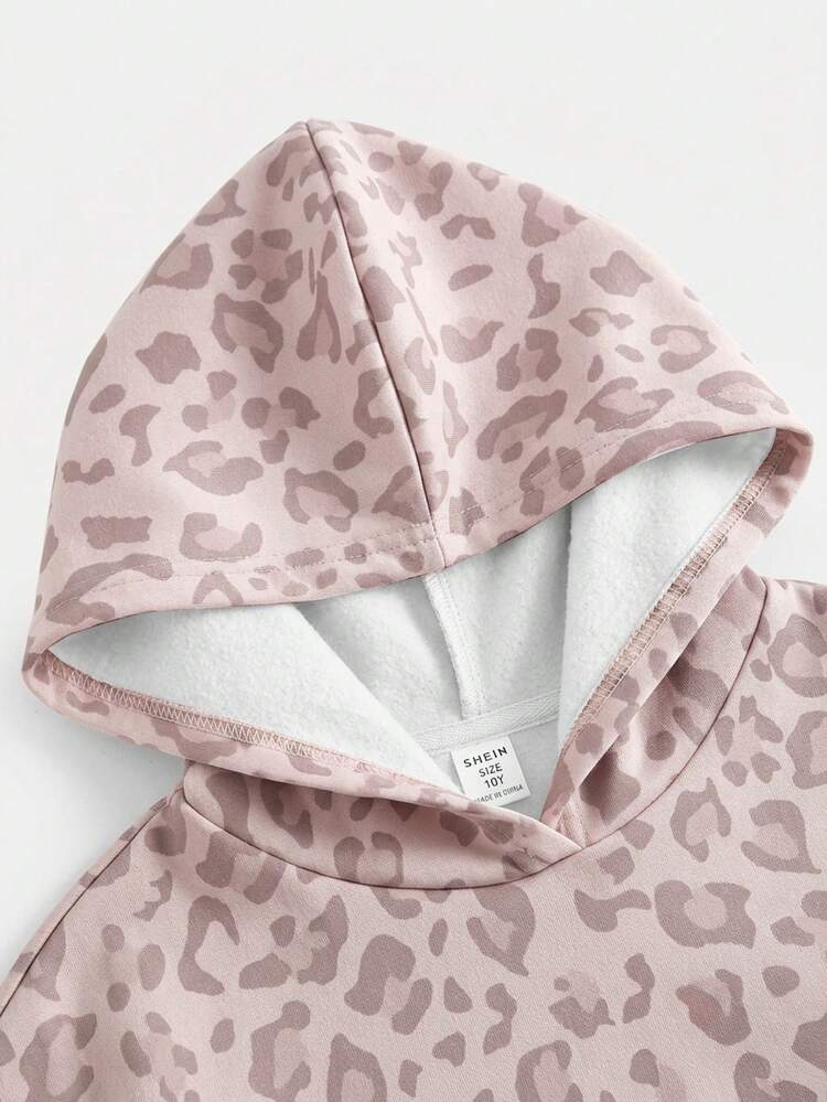 Sweatshirt Longgar Berkerudung Motif Leopard untuk Anak Perempuan Remaja, Gaya Kasual Sehari-hari, Modis Anak-Anak, Musim Gugur - Berwarna merah muda - View 4
