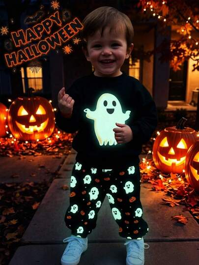SHEIN 2pcs Kaos Rajut Lengan Panjang Leher Bulat Kasual Motif Kartun Lucu untuk Anak Laki-Laki, Tema Halloween, Ukuran Longgar