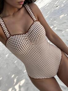 Swim Mod 女款海灘穿搭 夏季簡約優雅花卉素色羅紋修身連身泳衣 - 棕色 - 查看 3