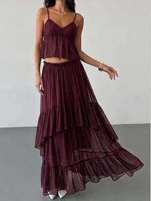 Aloruh Women's Elegant Purple-Red Knit Set, Bohemian Romantic Camisole Top + Skirt 2-Piece Set, Suitable For Commuting And Dating,Y2K,Summer 2pcs.Beach,Boho - Purple - View 8