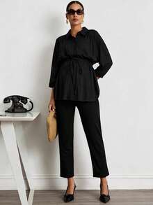 MaterniWear Atasan Hamil Wanita Kasual Longgar dengan Kerah Lipat dan Tali Serut, Model Tenun Warna Polos yang Modis untuk Aktivitas Luar Ruangan - Hitam - View 4