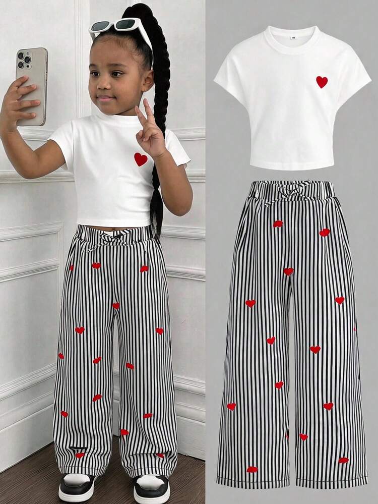 SHEIN Kids Young Girls Spring/Summer New Fashion Casual Minimalist White Print T-Shirt & Black And White Striped Long Pants Knit 2-Piece Set, Versatile For Daily Wear - Black and White - View 1