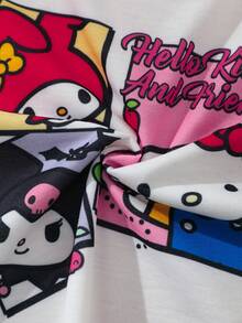 HELLO KITTY AND FRIENDS | SHEIN 女童趣味卡通印花圓領短袖T恤搭配條紋對比色短褲 2件套 - 白色 - 查看 9