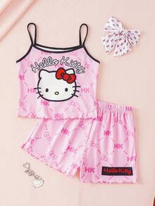 HELLO KITTY AND FRIENDS | SHEIN 少女可愛卡通印花細肩帶上衣與短褲居家服套裝 - 粉色 - 查看 1