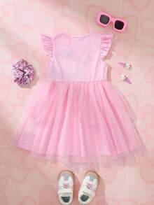 HELLO KITTY AND FRIENDS | SHEIN 女童字母卡通印花蝴蝶結裝飾網紗拼接休閒夏季洋裝 - 粉色 - 查看 2